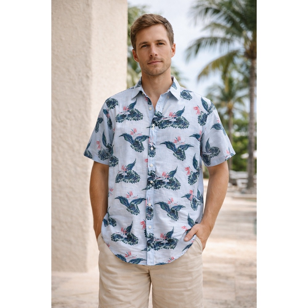 Chaps Linen Shirt Mens L Blue Tropical Bird Print Short Sleeve Button Front